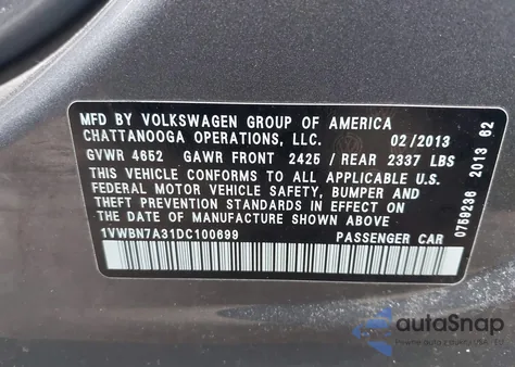 2013 Volkswagen Passat 2.0L Tdi Se z USA, uszkodzony, nr VIN 1VWBN7A31DC100699